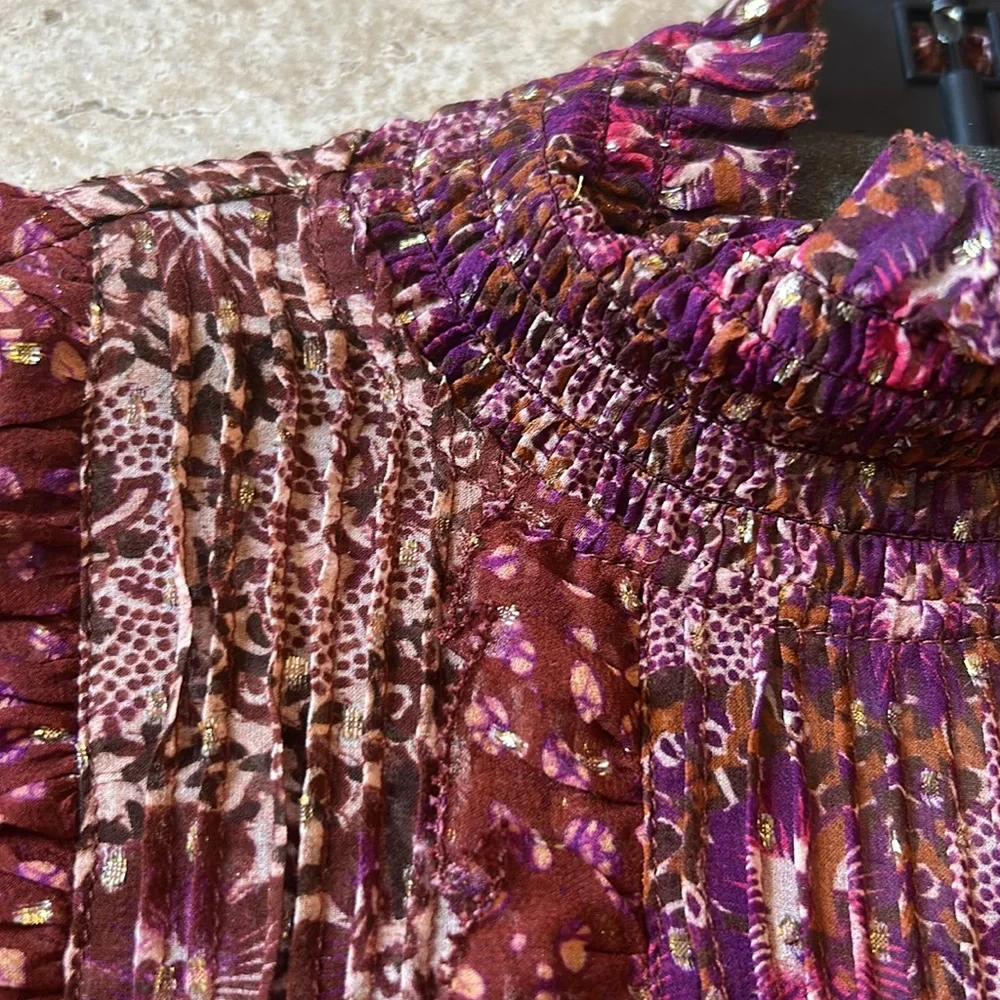 Ulla Johnson Burgundy Floral Ruffled High-Neck Blouse